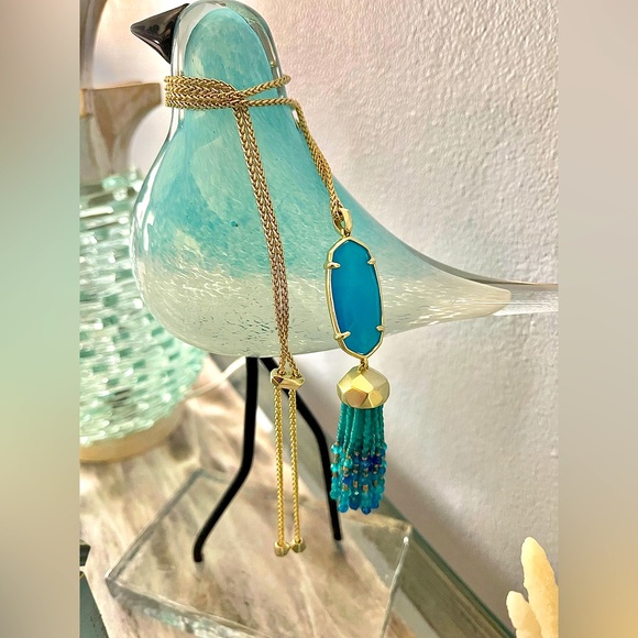 Kendra Scott NWOT Eva Teal Agate Long Long Pendant Necklace Adj Length Chain - Picture 6 of 11
